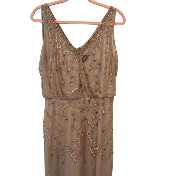 Adrianna Papell Night Bugeln Beaded Long Maxi Gown Dress In Champagne Gold 8 - Picture 7 of 14